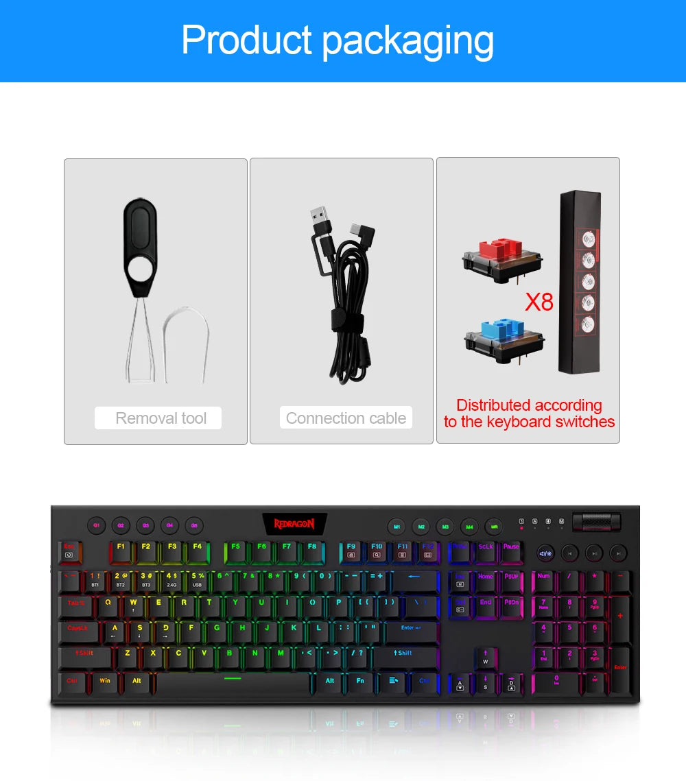 REDRAGON Horus K618 RGB | Teclado Mecánico Gamer Inalámbrico 3 en 1 (Bluetooth 5.0 / USB 2.4 G / Cable USB-C)