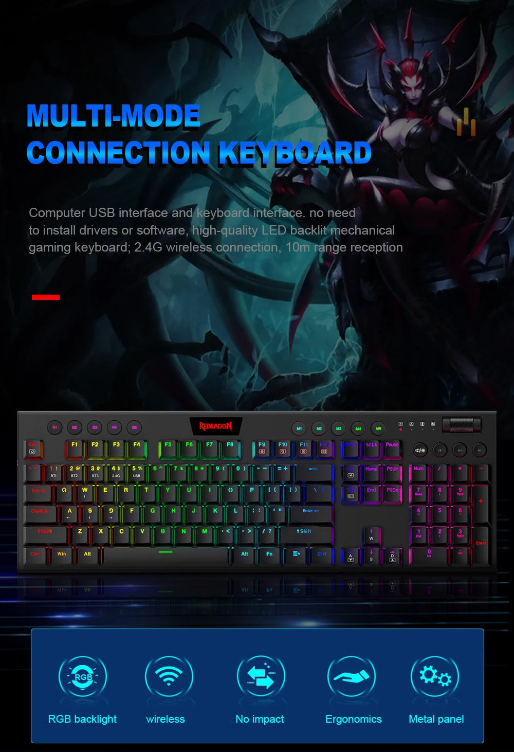 REDRAGON Horus K618 RGB | Teclado Mecánico Gamer Inalámbrico 3 en 1 (Bluetooth 5.0 / USB 2.4 G / Cable USB-C)