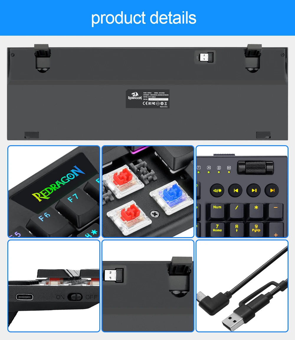 REDRAGON Horus K618 RGB | Teclado Mecánico Gamer Inalámbrico 3 en 1 (Bluetooth 5.0 / USB 2.4 G / Cable USB-C)