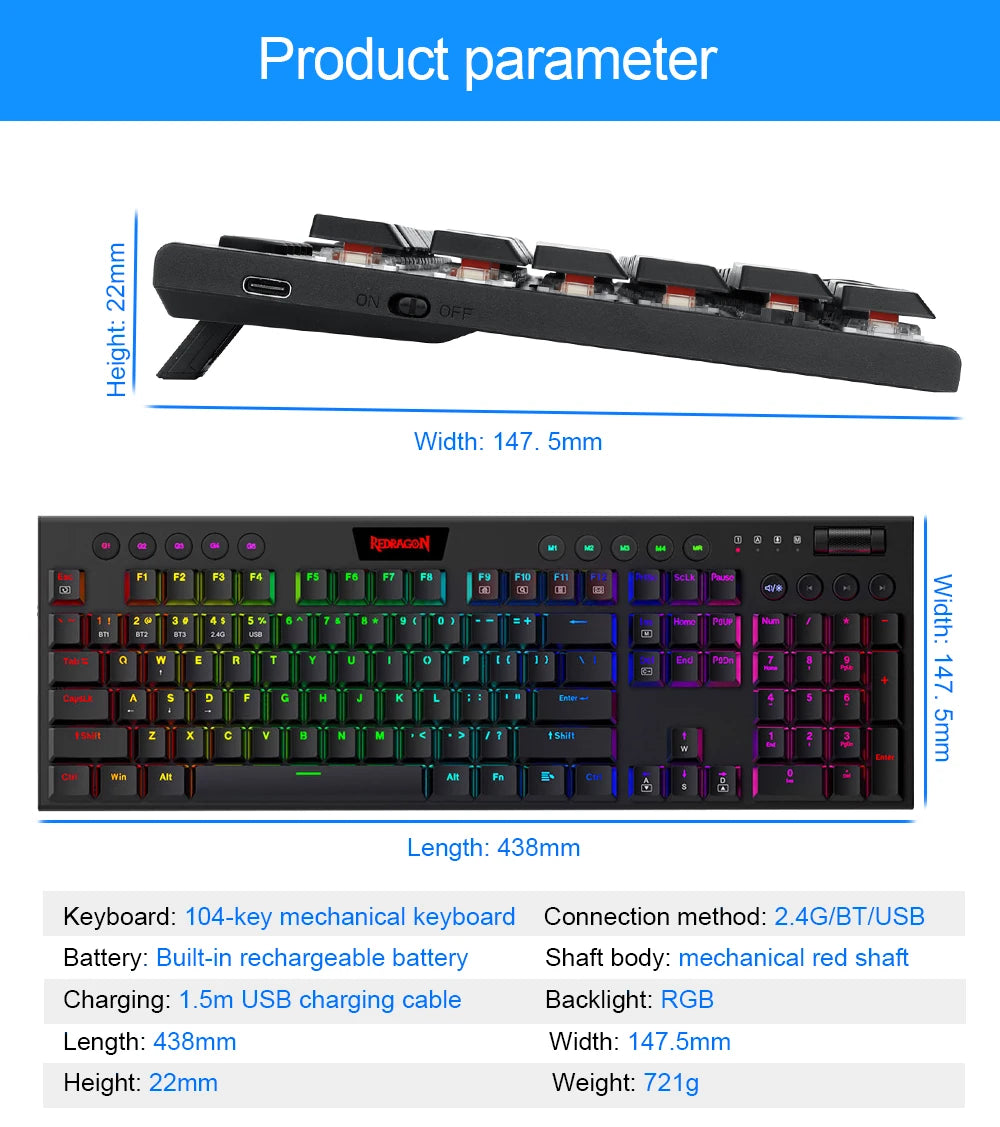 REDRAGON Horus K618 RGB | Teclado Mecánico Gamer Inalámbrico 3 en 1 (Bluetooth 5.0 / USB 2.4 G / Cable USB-C)