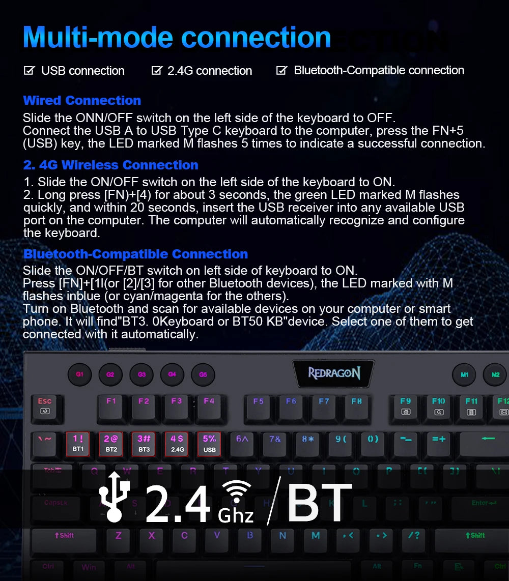 REDRAGON Horus K618 RGB | Teclado Mecánico Gamer Inalámbrico 3 en 1 (Bluetooth 5.0 / USB 2.4 G / Cable USB-C)