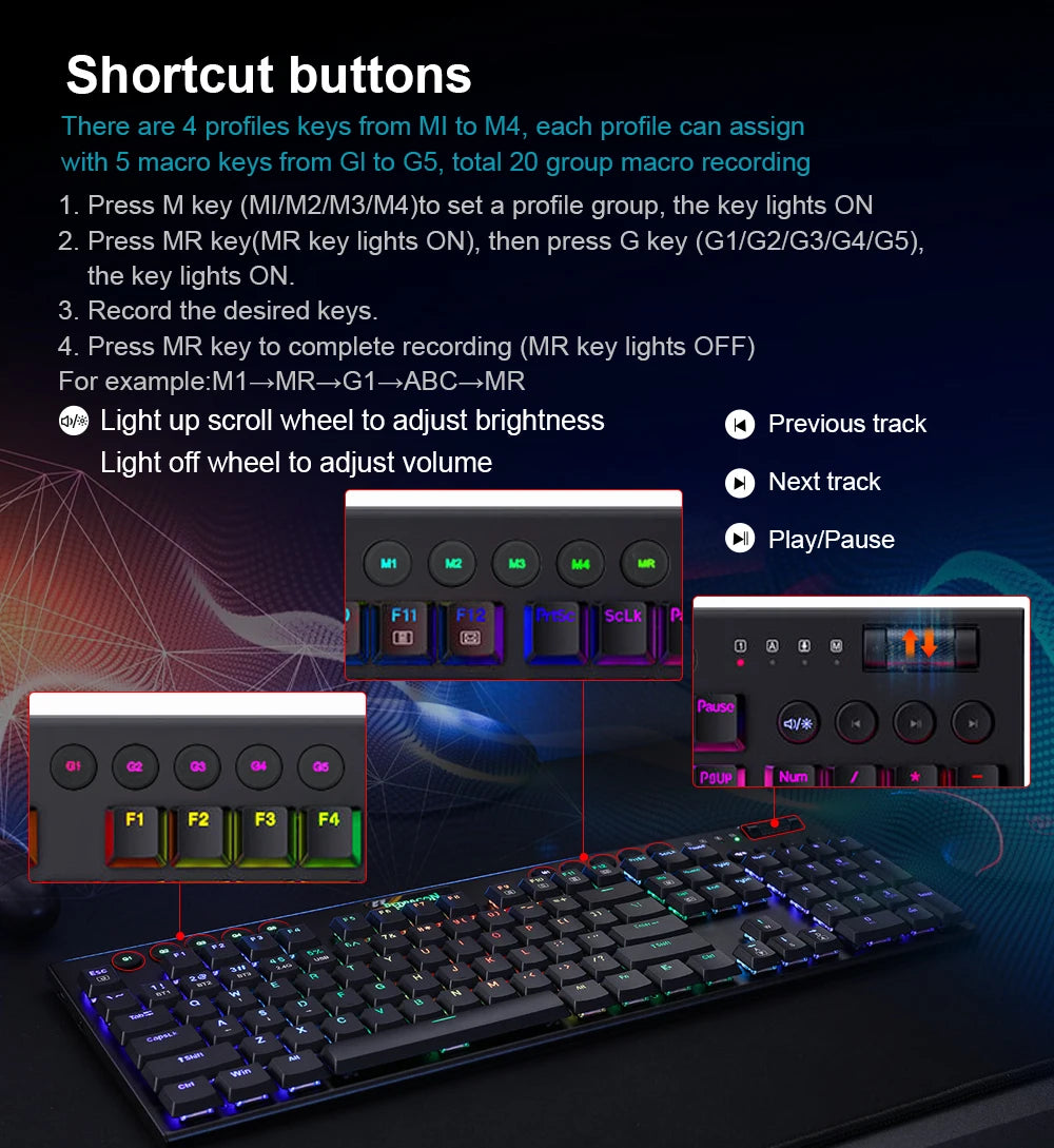 REDRAGON Horus K618 RGB | Teclado Mecánico Gamer Inalámbrico 3 en 1 (Bluetooth 5.0 / USB 2.4 G / Cable USB-C)